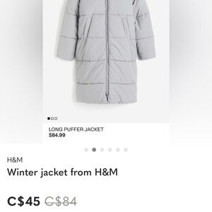 H&M Light Gray Long Quilted Puffer Jacket